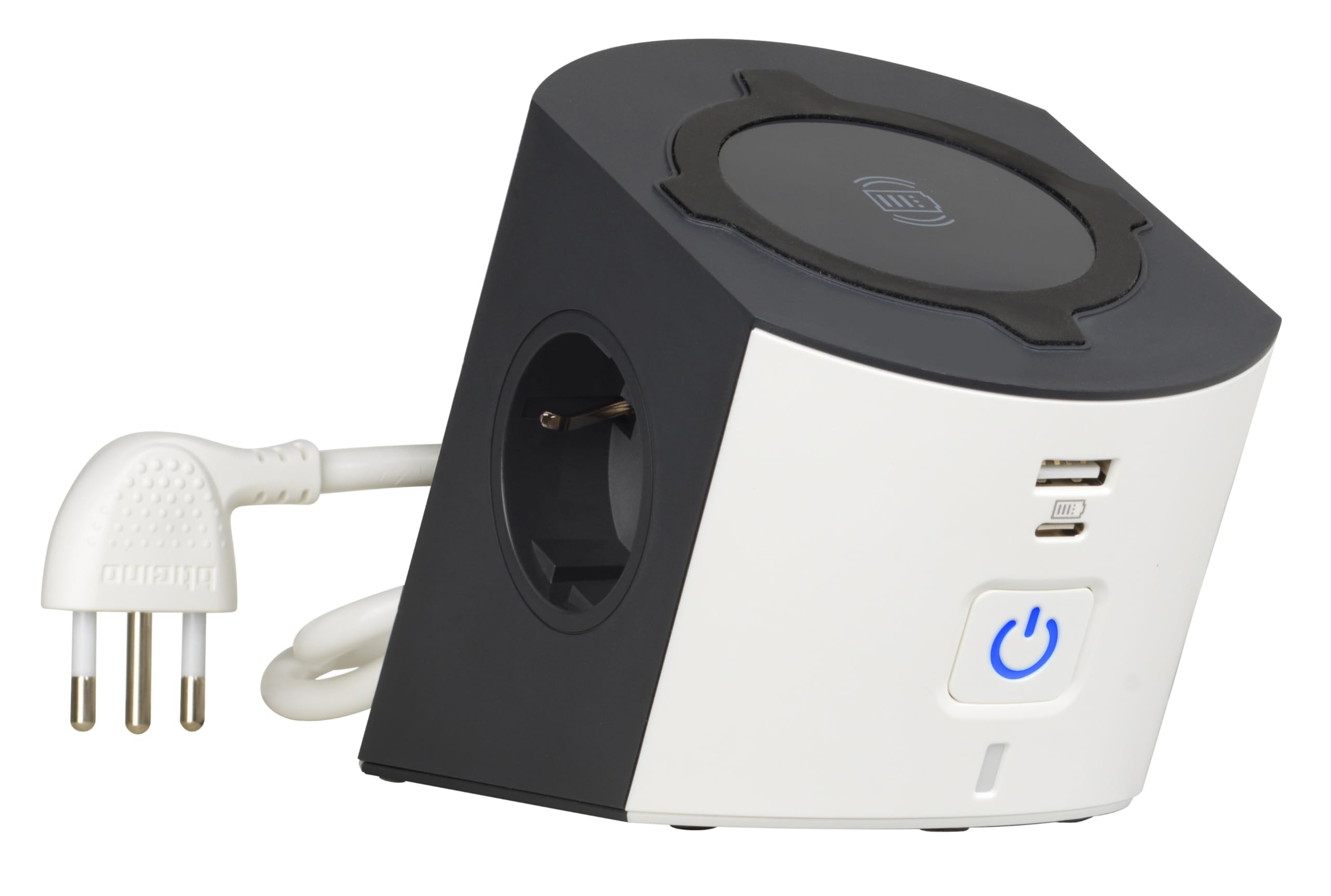 BTICINO Regleta Desktop S3714DBUW, regleta eléctrica de 5 plazas, Cargador inalámbrico 15 W, Tomas USB A+C, 2 Tomas Schuko, regleta eléctrica con Interruptor y LED, Enchufe pequeño 10 A, Cable 2