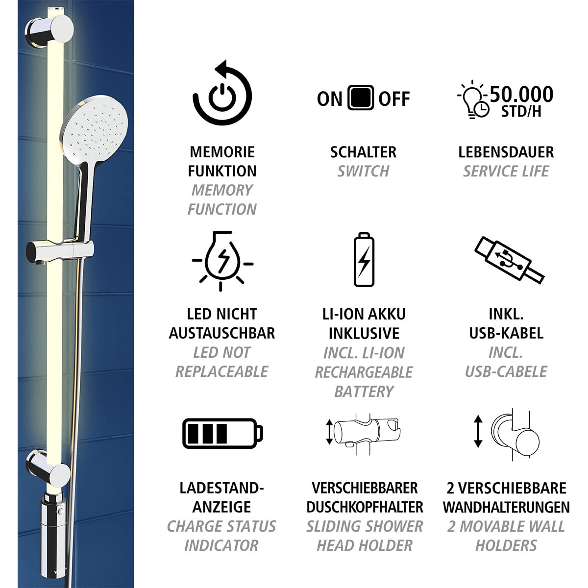 Wenko Set Asta Doccia a Led Illuminata, a Risparmio Energetico, Dimmerabile con Modalità di Cambio Colore, Niente Più Soffione Doccia e Flessibile Doccia Calcare, Fissaggio Senza Fori