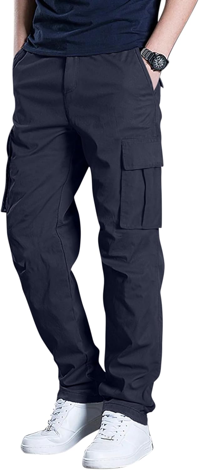 DOWMQ Men's Cargo Pants Casual Workout Joggers Stretch Sweatpants Elastic Drawstring Hiking Tactical Pants with 6 Pockets