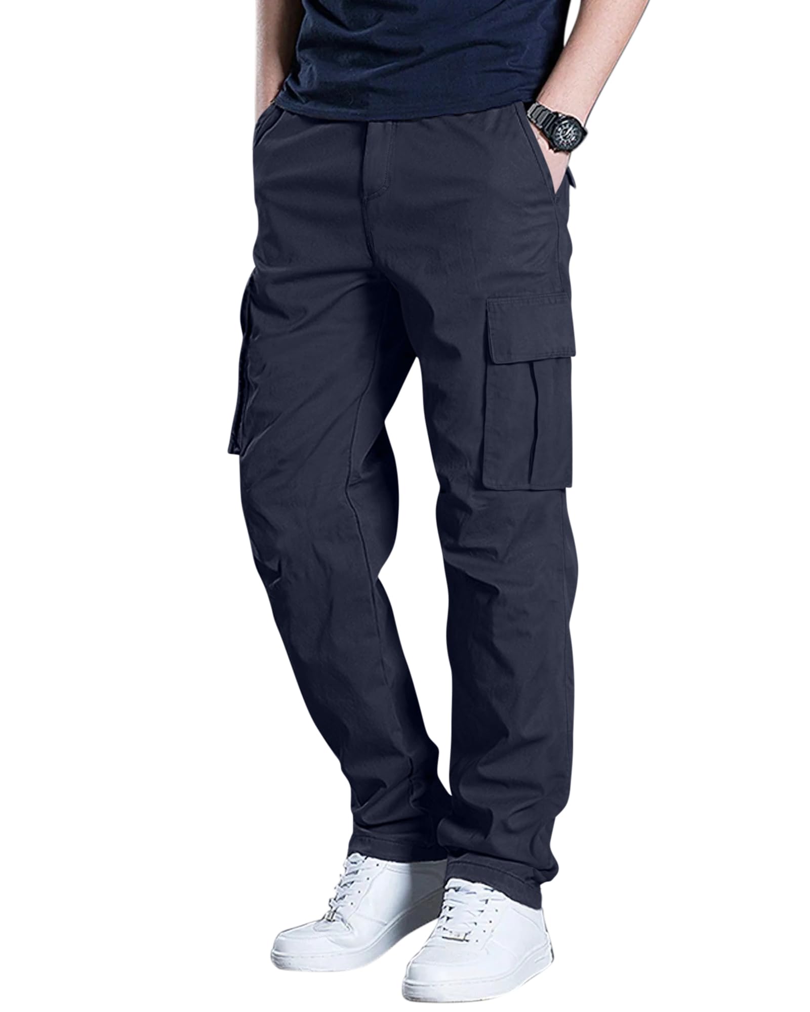 Mens Cargo Pants Stretch Sweatpants Elastic Drawstring Casual Workout Joggers Hiking Tactical Pants with 6 Pockets