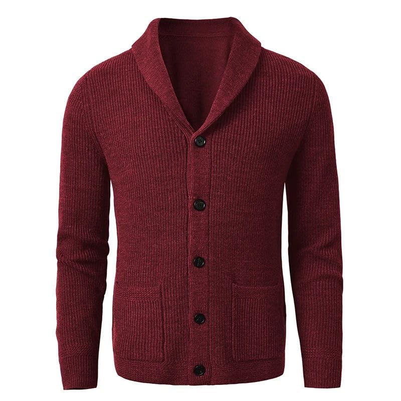 WOLONG Men's Shawl Collar Cardigan Sweater Slim Fit Cable Knit Button Up Black Merino Wool Sweater2
