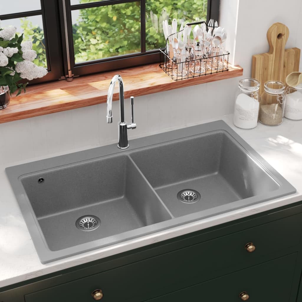 Fregadero encastrable de Granito Gris de Dos cubetas Fregadero de Granito para a Partir Mueble Bajo