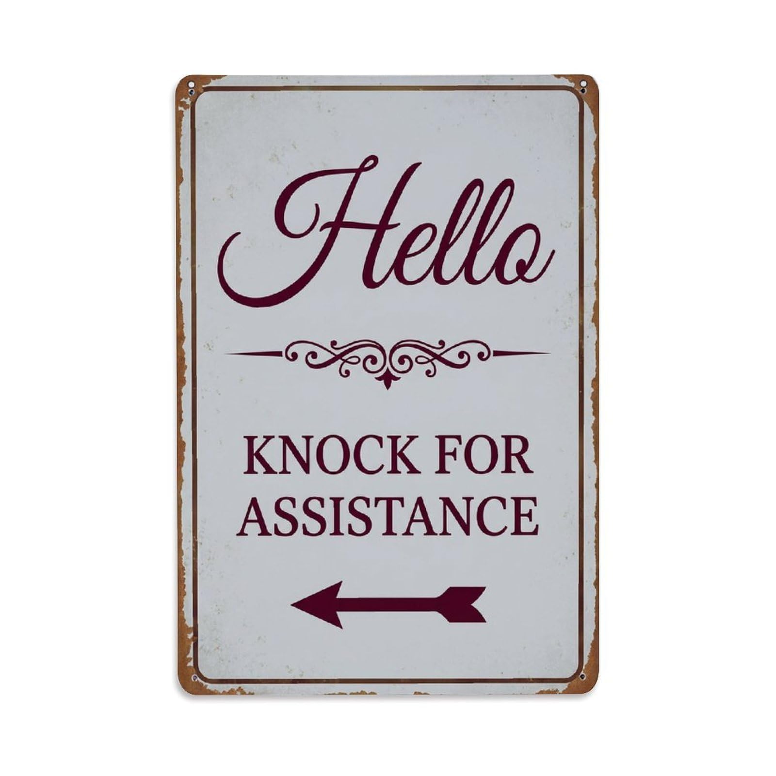 Metal Tin Sign Vintage Hello Knock For Assistance Arrow Scroll
