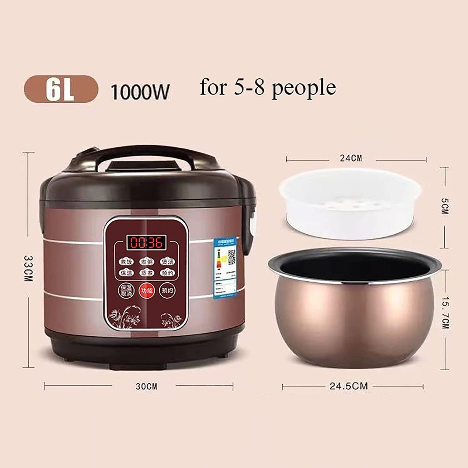 Rice Cooker, Household Multi-Function Cooking Rice Cooker, for 1-8 People, ntelligent Insulation and 24H Reservation (5L) ()