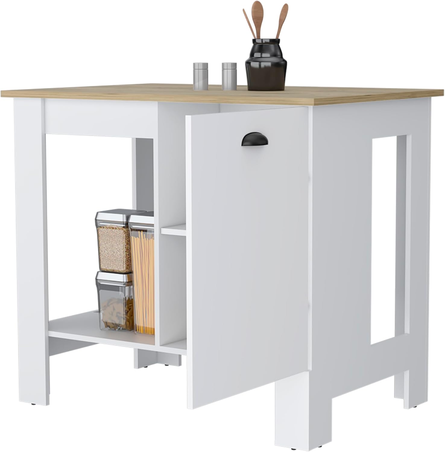 Kitchen Island with Engineered Wood, Single Door Cabinet with Two Interior Shelves, Lower Open Shelf for Kitchen Storage, White, 27.5" D x 40.5" W x 35.4" H