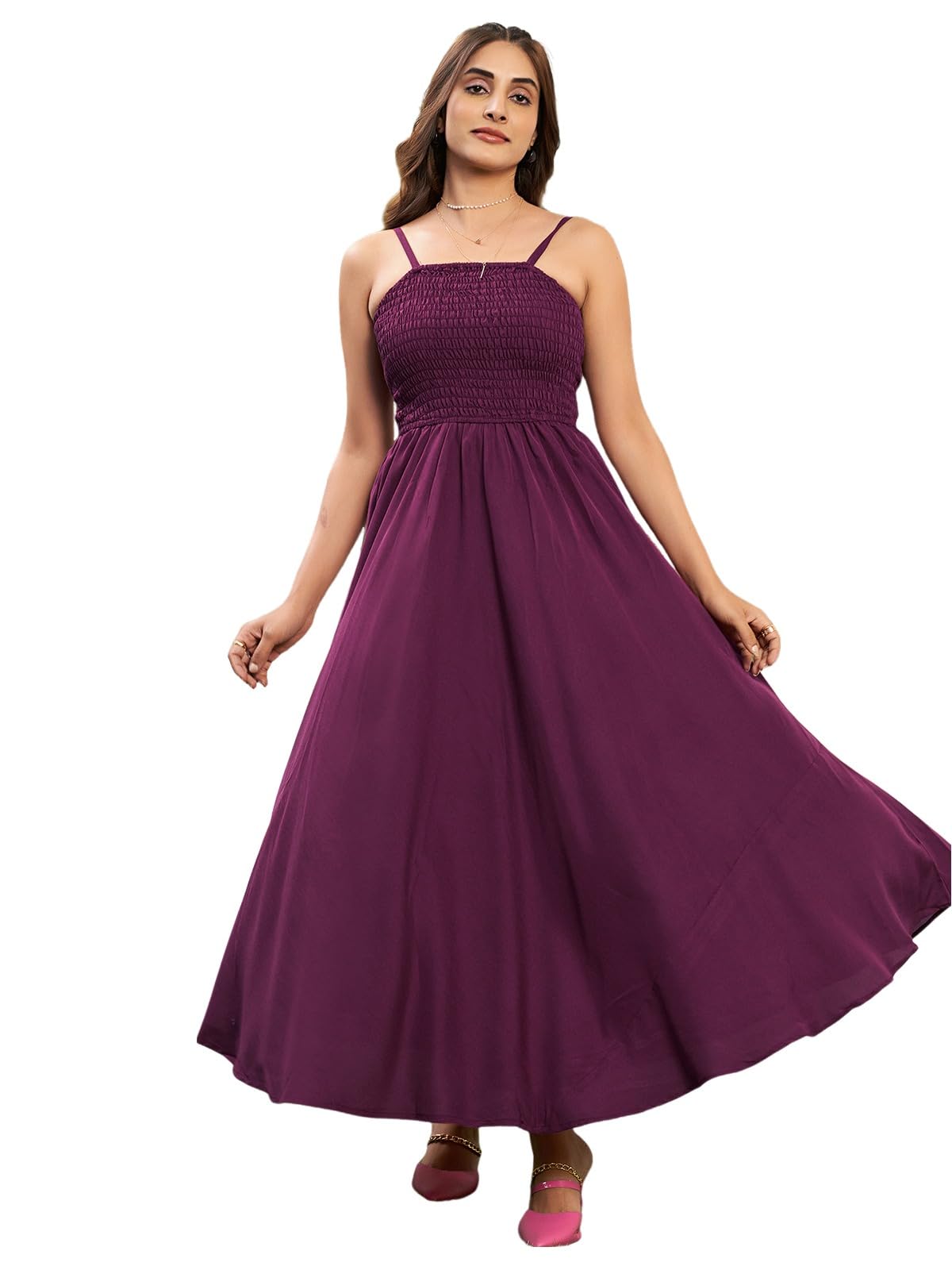 Selvia Western Dress For Women | Smoking Rayon Blend Western Dress For Women | Fit & Flare Dress For Women | One Piece Dress For Women (706Dtk7902N-Xl_Wine)