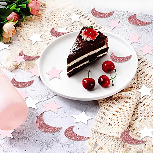 Image of Rose-Gold Pink-White Moon Star Confetti - 300pcs Glitter Twinkle Little Star Table Confetti Eid Ramadan Mubarak Decoration Birthday Wedding Baby Bridal Shower Party Decor Lasting Surprise