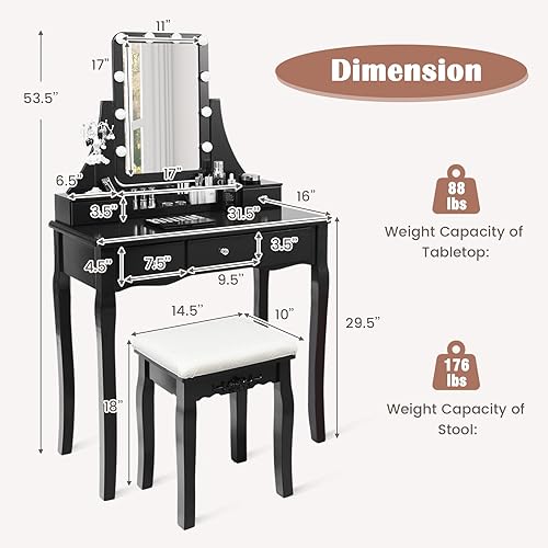Miniatura 5 de CHARMAID Vanity Set with Lighted Mirror, 10 Dimmable Light Bulbs Vanity Dressing Table, 5 Drawer with 2 Dividers Removable Organizer, Makeup Table
