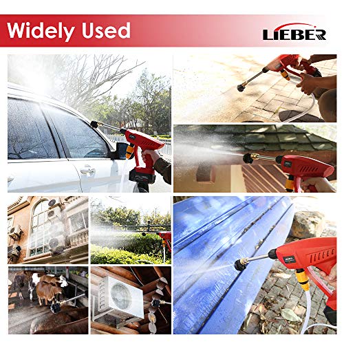 Battery Powered Pressure Washer, Lieber 21V Cordless Portable Power Cleaner 3Ah 410 PSI/ 2800KPA Power Washer Electric Pressure Washer for Car, RVs Boats or Home Projects - 6 in 1 Nozzle (Red)