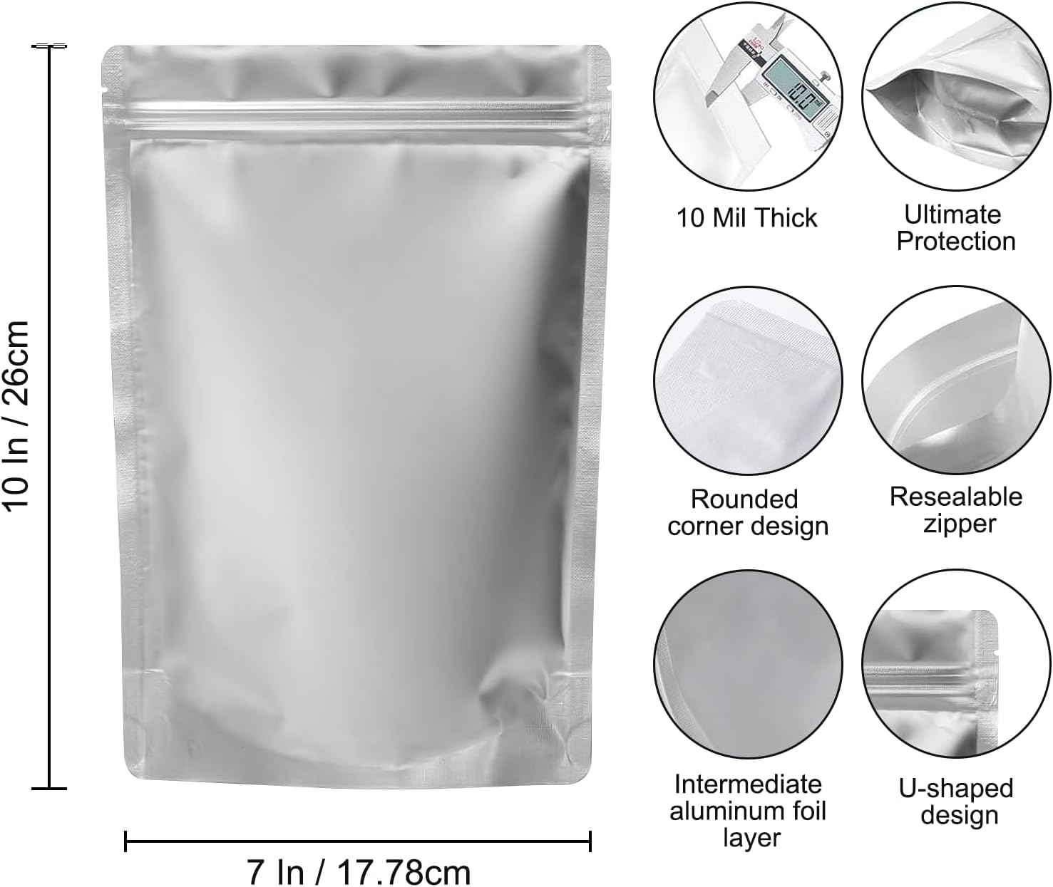 200 Pcs 1 Quart Mylar Bags for Food Storage, 10 Mil Thick 7x10 Inch Stand-Up Zipper Pouches, Airtight Resealable & Heat Sealable for Dehydrated, Freeze Dried, Grains, Long Term Storage