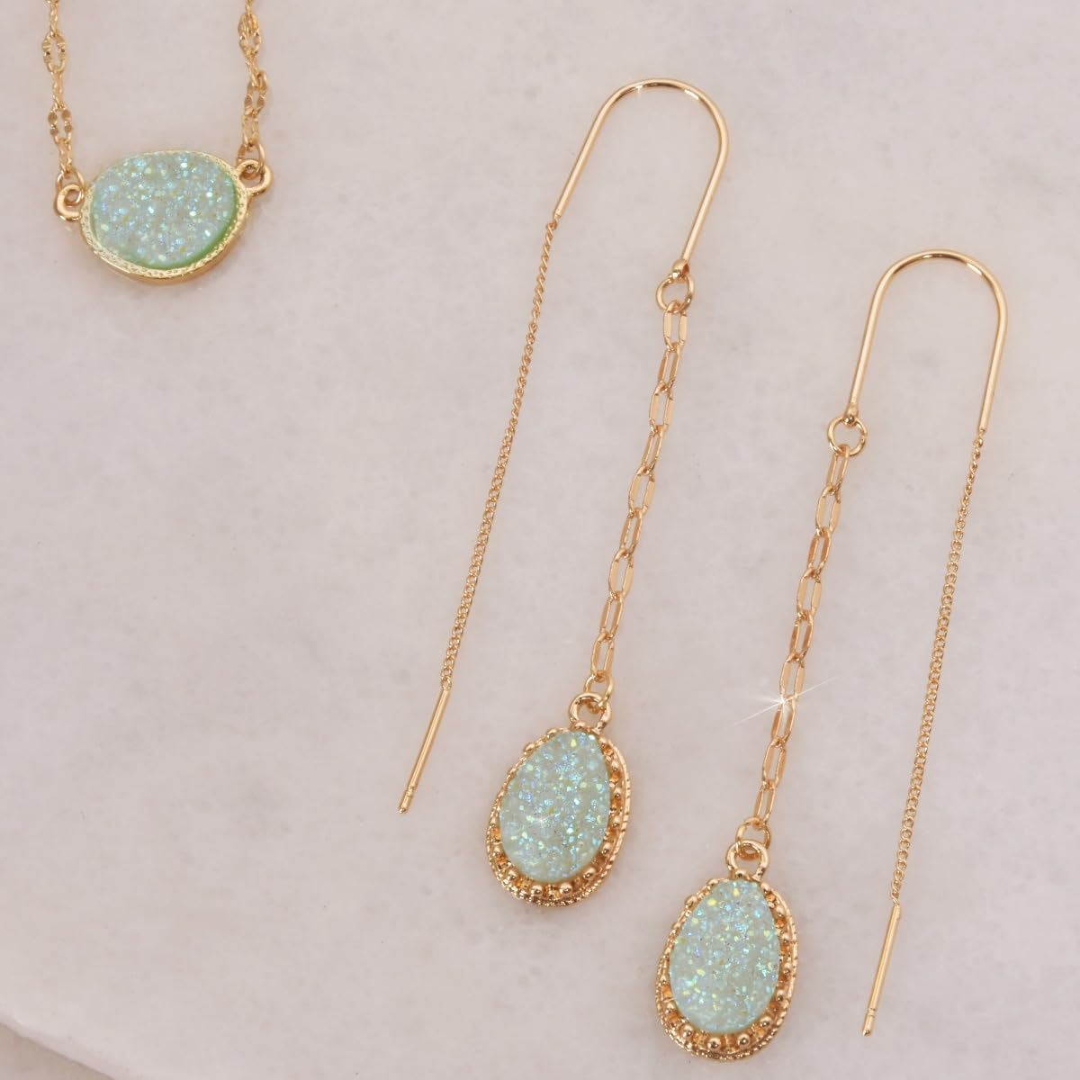 Simulated Druzy Threader Earrings for Women - Gold, Silver, or Rose Gold Tone Long Chain Earrings with Boho Created Geode Stone - Image 7