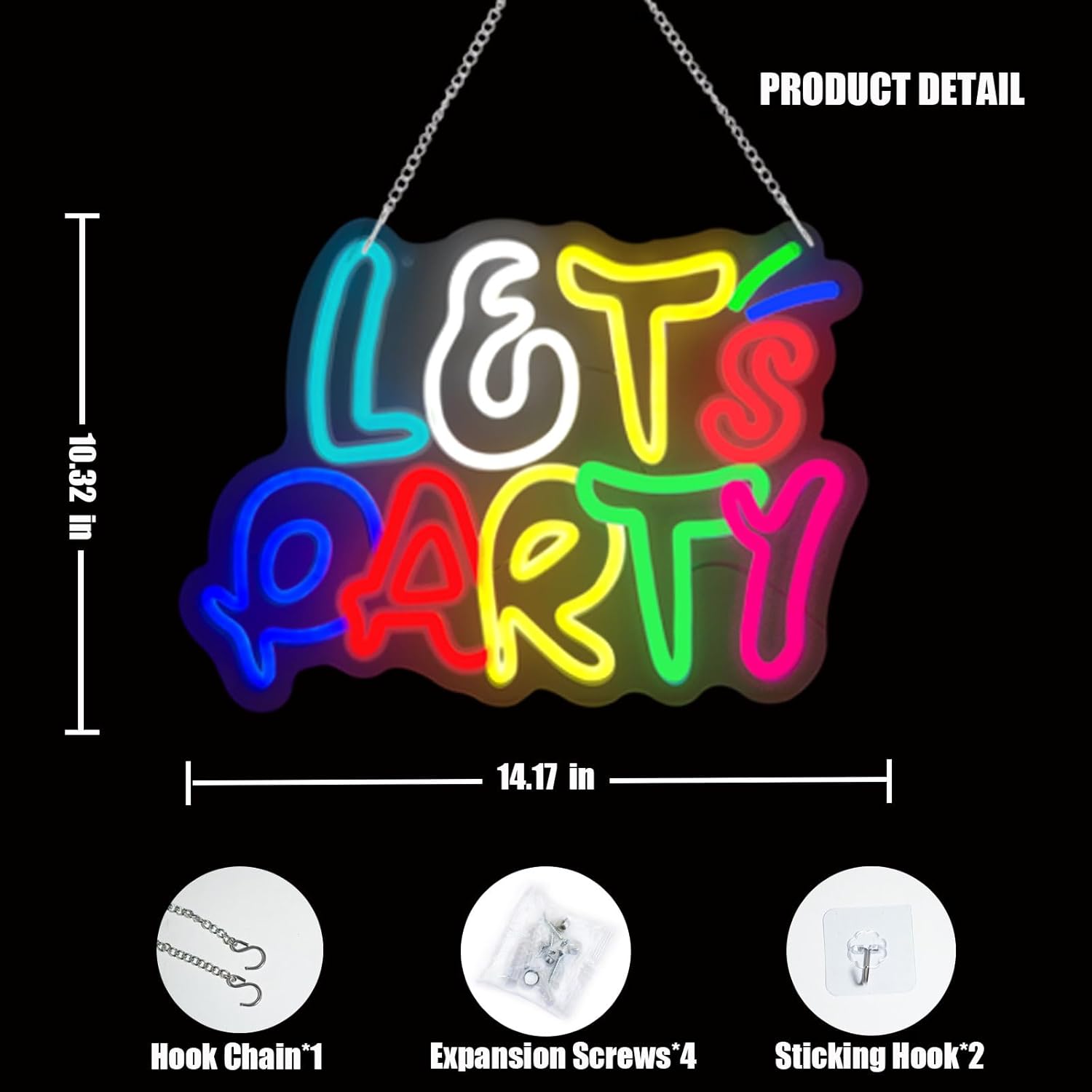 Let's Party Neon Sign for Wall Decor with Dimmable and USB Power,Multicolor LED Light up Sign,Party signs Perfect for Birthday,Bachelorette Parties,Game Room,Bar Lighting,gifts,size:14.17*10.32In - Image 3