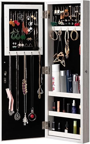 Miniatura 9 de HollyHOME Armario de joyería con espejo, con cerradura, montado en la puerta, organizador de joyas con espejo de longitud completa, ahorro de