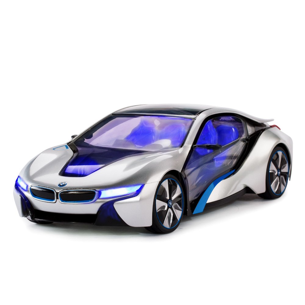 RASTAR BMW i8 telecomando auto, 1/14 BMW i8 Concept RC auto, completamente trasparente/luce interna - argento
