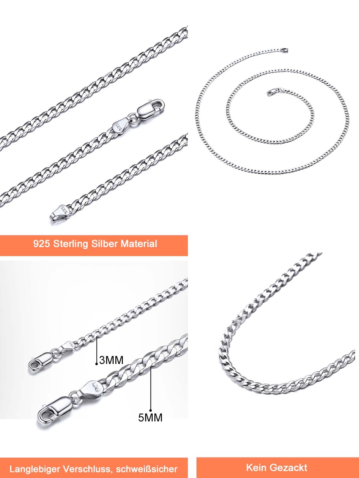 Silvora S925 Silber 3/5mm Ultradünne Herren Kubanische Kette Damen Figaro Kette，S925 Silber Cuban Link Chain Panzerkette Verschiedliche Längen 36/46/51/56/61/66/71 cm in Silber Farben