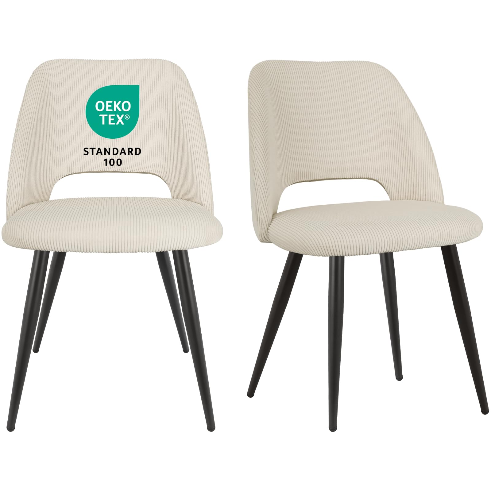 Pack de 2 Sillas de Comedor, Sillas de Cocina, Sillas de Salón, Sillas de Terciopelo a Rayas con Respaldos Recortados, Sillas Tapizadas para Comedor, Cocina, Dormitorio, Recepción, Beige