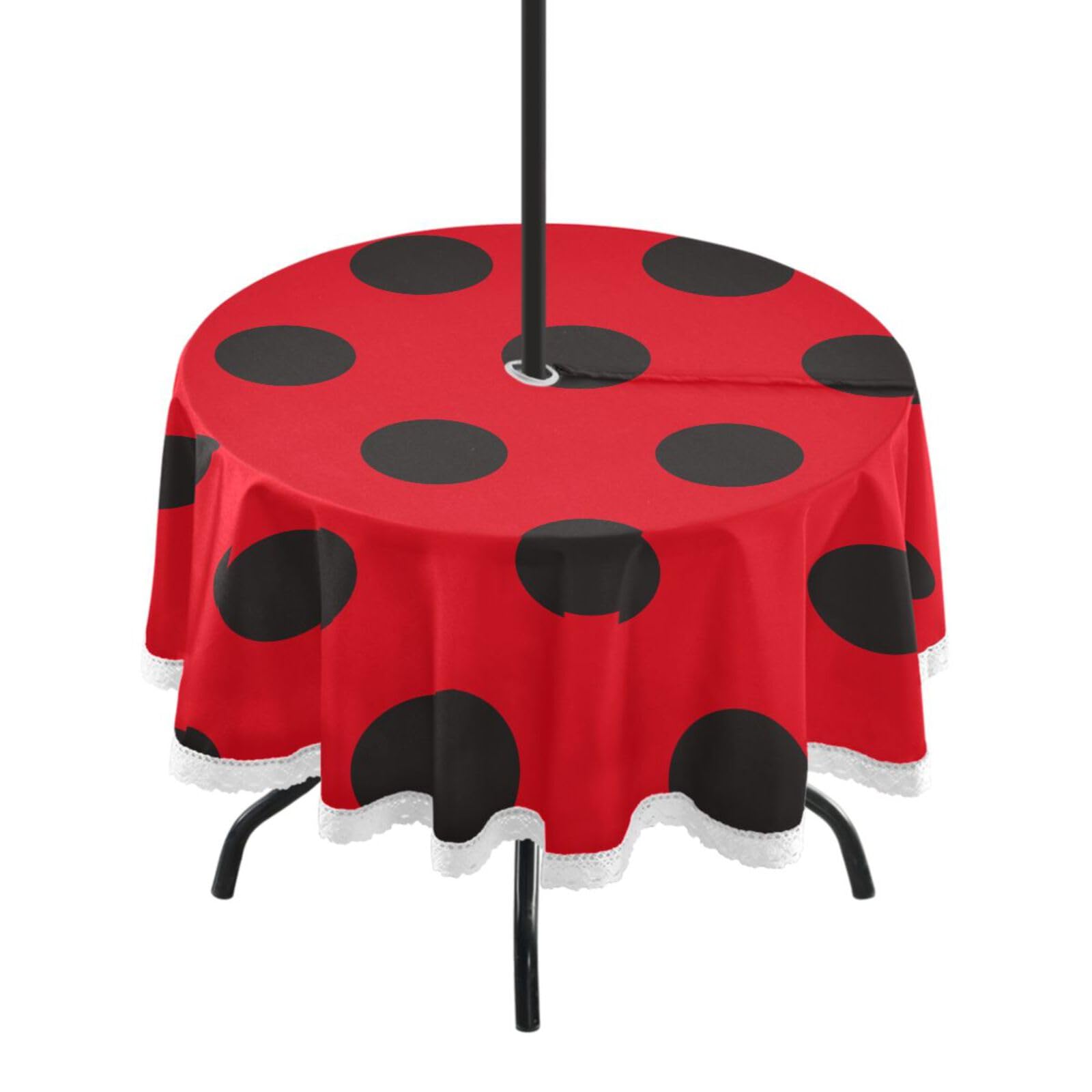 Outdoor Tablecloth with Umbrella Hole Ladybugs Red Black Polka Dot Fitted Tablecloth Zippered Patio Table Cloths 20''-48'' Round Elastic Table Cover for Circular Table BBQs Picnic