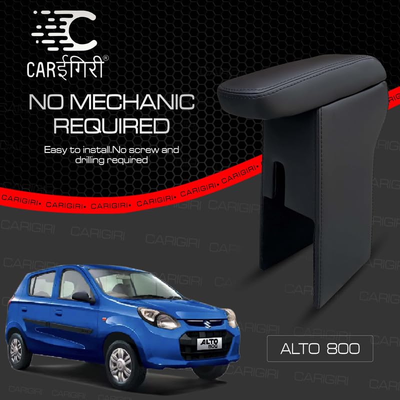 Image of Carigiri Premium Finish Car Armrest with Storage Box And High Density Moulded Foam For Maruti Suzuki Alto 800 (All Models) (Black Seam,Nappa Leatherette)