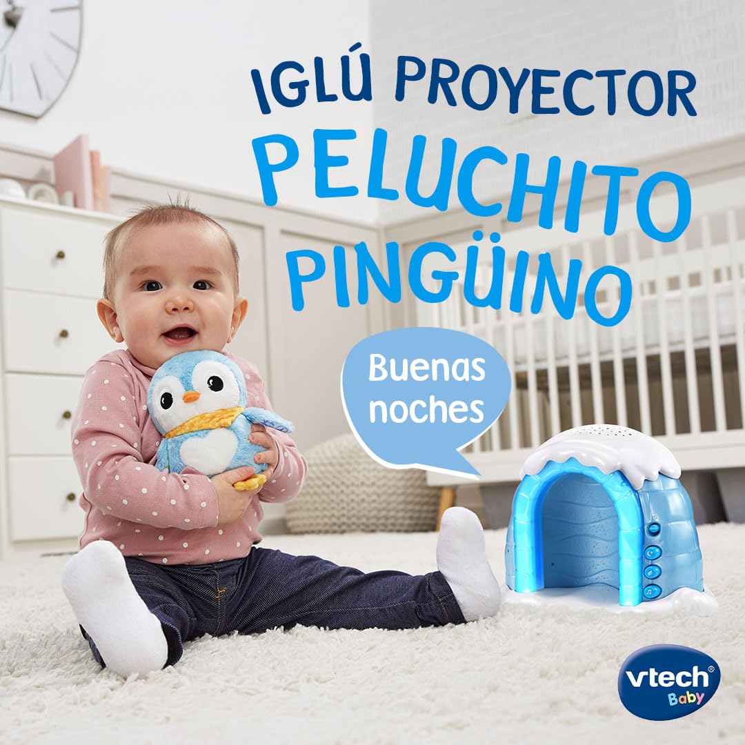 VTech-Baby Iglú Proyector Peluchito Pingüino, Juguete bebés recién Nacidos, Proyector Musical con Luces y Cielo Estrellado, Peluche Interactivo, Nanas y Sonidos Naturaleza, Versión ESP