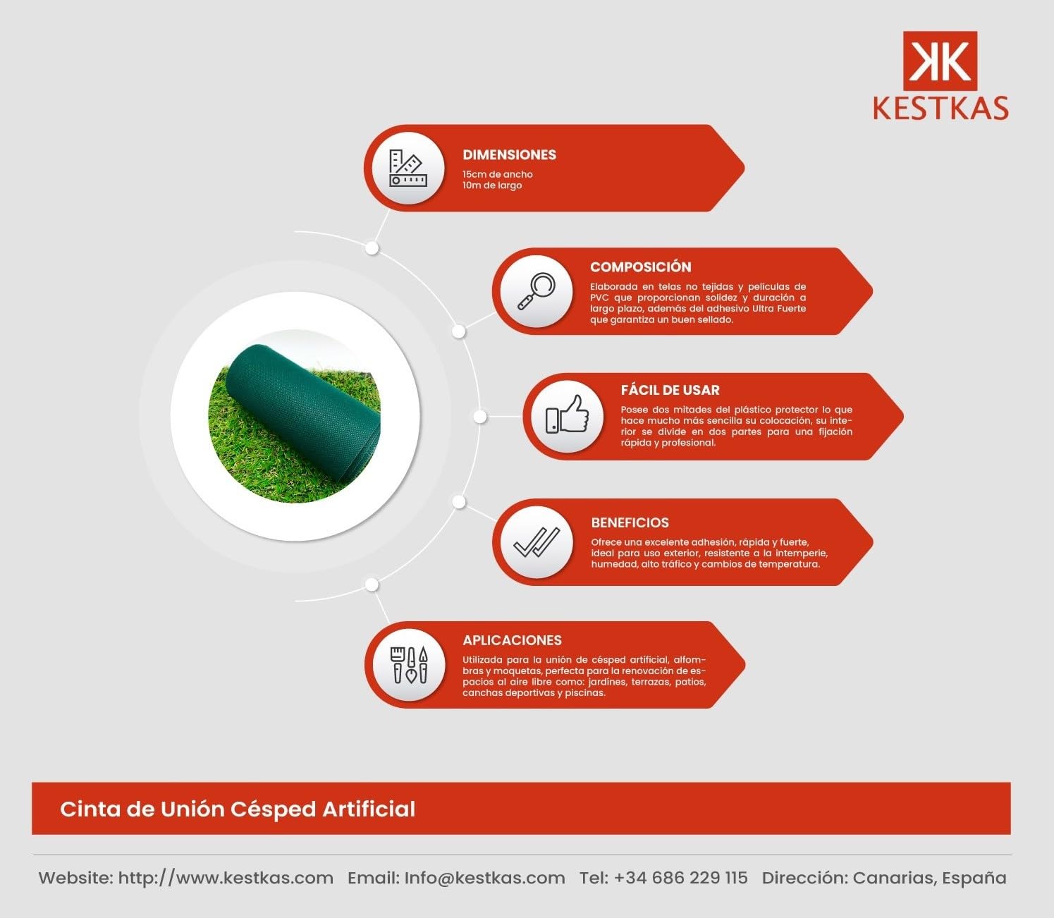 Cinta Unión Césped Artificial 15cm x 10m | Cinta Adhesiva Césped Artificial para Jardín exterior | Unión de Alfombras, Moquetas | Fácil de usar con linea divisoria