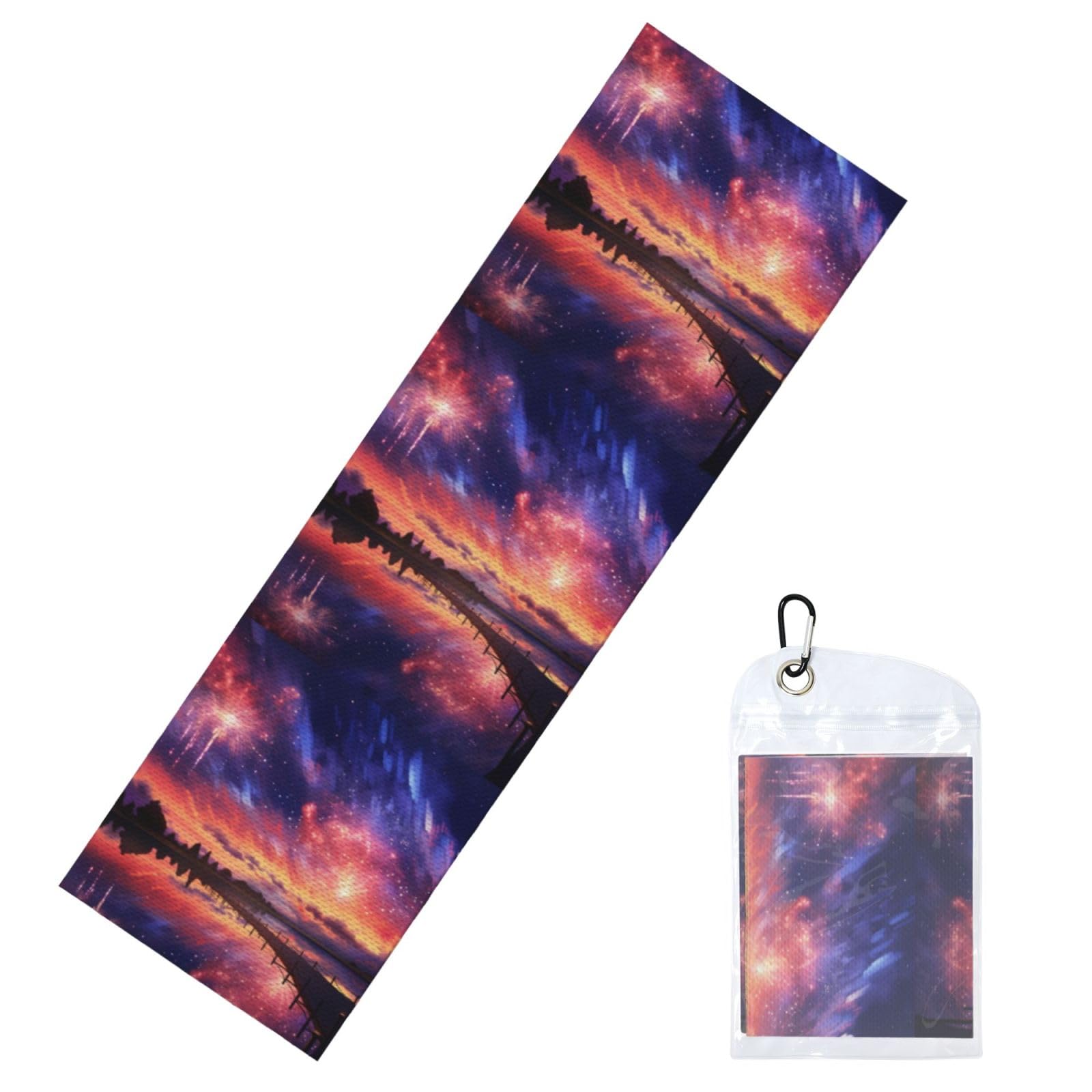 HGIUYDRD Sunset and fireworks Print Cooling Sports Towel with PVC Carry Bag for Gym, Beach, Golf and World Cup Events