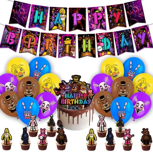 34 Pcs Freddys Birthday Decorations 5 Nights Party Decorations Decoration set Features Classic Game-Themed Elements and Includes 1 Banner 20 Balloons 1 Cake Topper and 12 Dessert Decorations.