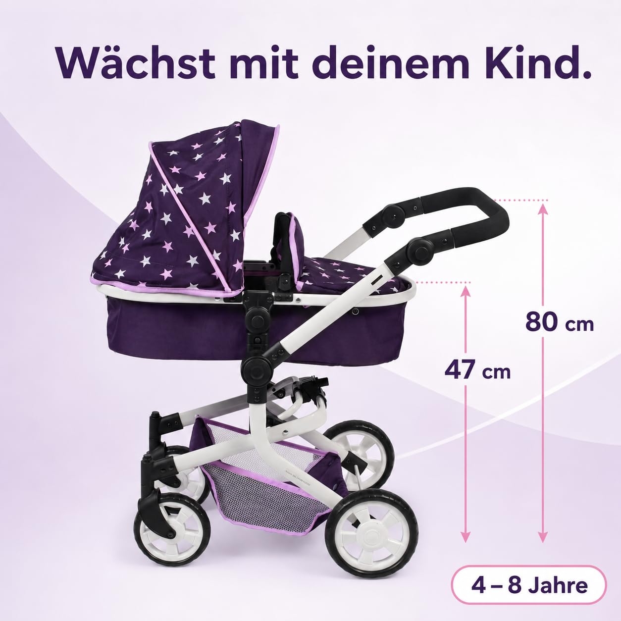 Bayer Chic 2000 - Wózek dla lalek Mika, wózek dla lalek kombi, 2 w 1, dla dzieci w wieku od 4 do 8 lat, kolor fioletowy, 73 x 41 x 82 cm