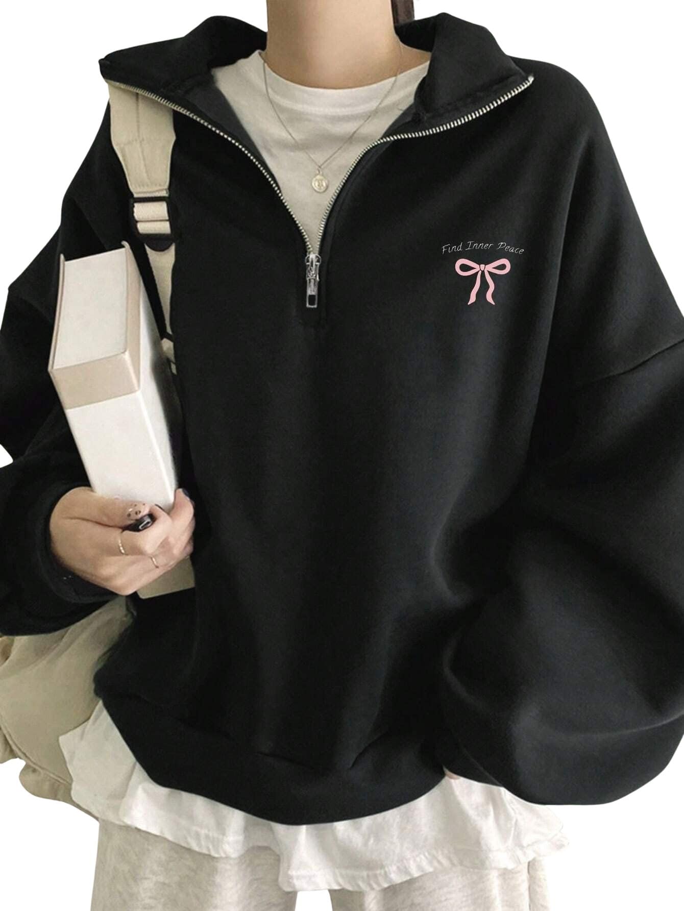 SXV STYLE Women's Half Zip Sweatshirt with Bow, Find Inner Peace, Long Sleeve Pullover, Casual Oversized Fit-picture-20