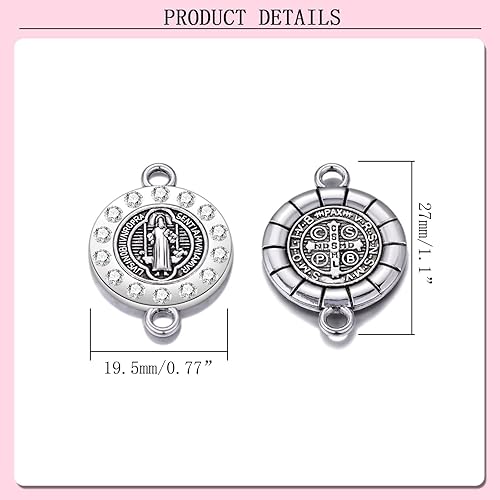 Miniatura 2 de 20 piezas de diamantes de imitación de plata antigua para uso religioso de San Benito Medallón de Pulsera Conector de Cuentas Redondas de Enlace de