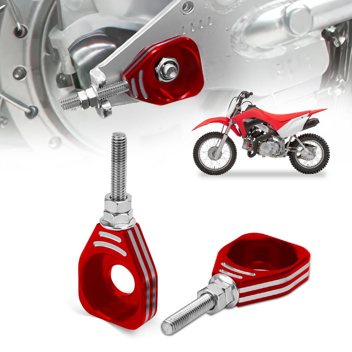Billet Aluminum Rear Chain Adjuster & Axle Blocks for Honda CRF110, XR80, XR70 (Red)