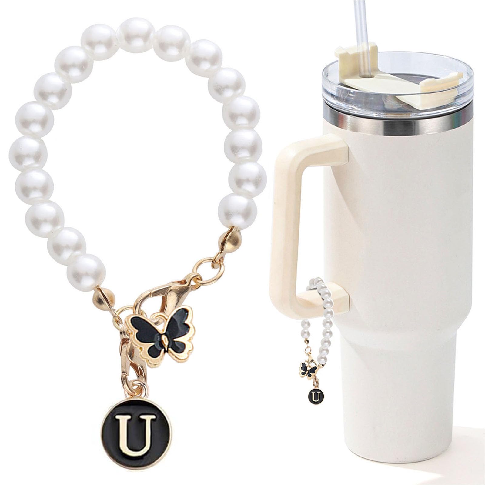 Letter Charm for Stanley Cup，Pearl Chain Accessories Stanley Cup Initial Charms for Handle Stuff Decor Water Bottle Jewelry Tumbler Cute Personalized Name ID Decorations Black Tag (U)