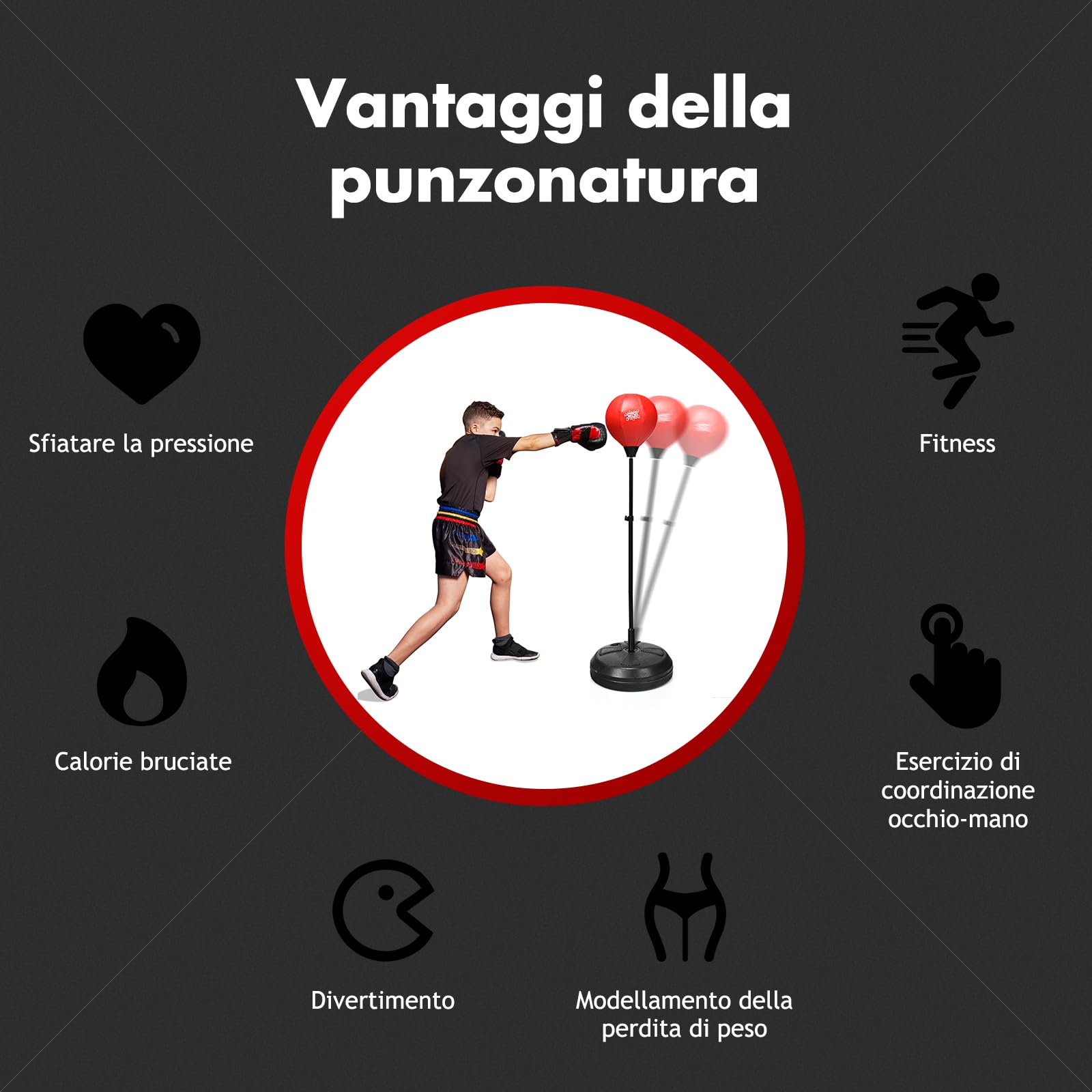 RELAX4LIFE Sacco da Boxe con Guantini per Adulti e Bambini - Punching Ball da Terra Altezza Regolabile da 120 a 154 cm, con Base Stabile Riempibile,Rosso Nero