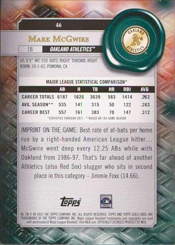 Miniatura 2 de 2022 Topps Gold Label Class 1#46 Mark McGwire Oakland Athletics Baseball Card - GotBaseballCards