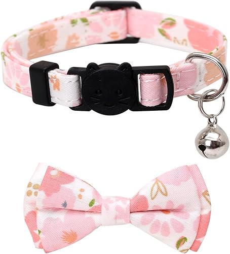 Miniatura 3 de Juego de 2 collares de gato con bonito pajarita y campana, flor a cuadros para gatito, seguridad ajustable