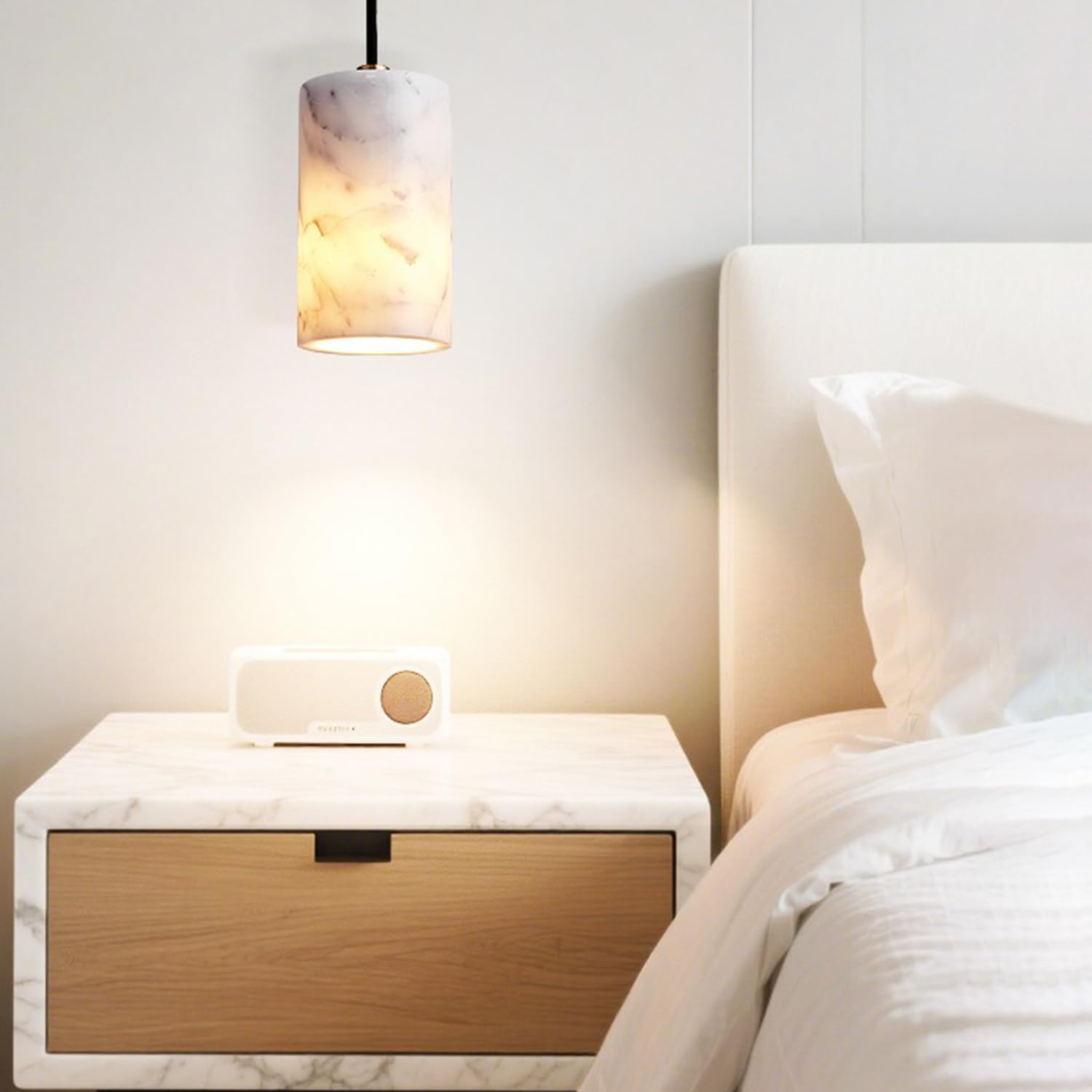 Luksusowa Lampa Wisząca Z Marmuru, Cylindryczna, Lekka, Wisząca | Unikalna Tekstura Naturalnego Kamienia, Abażur E27, Pojedyncza Głowica, Styl Hiszpański Industrialny, Salonu Sypialni