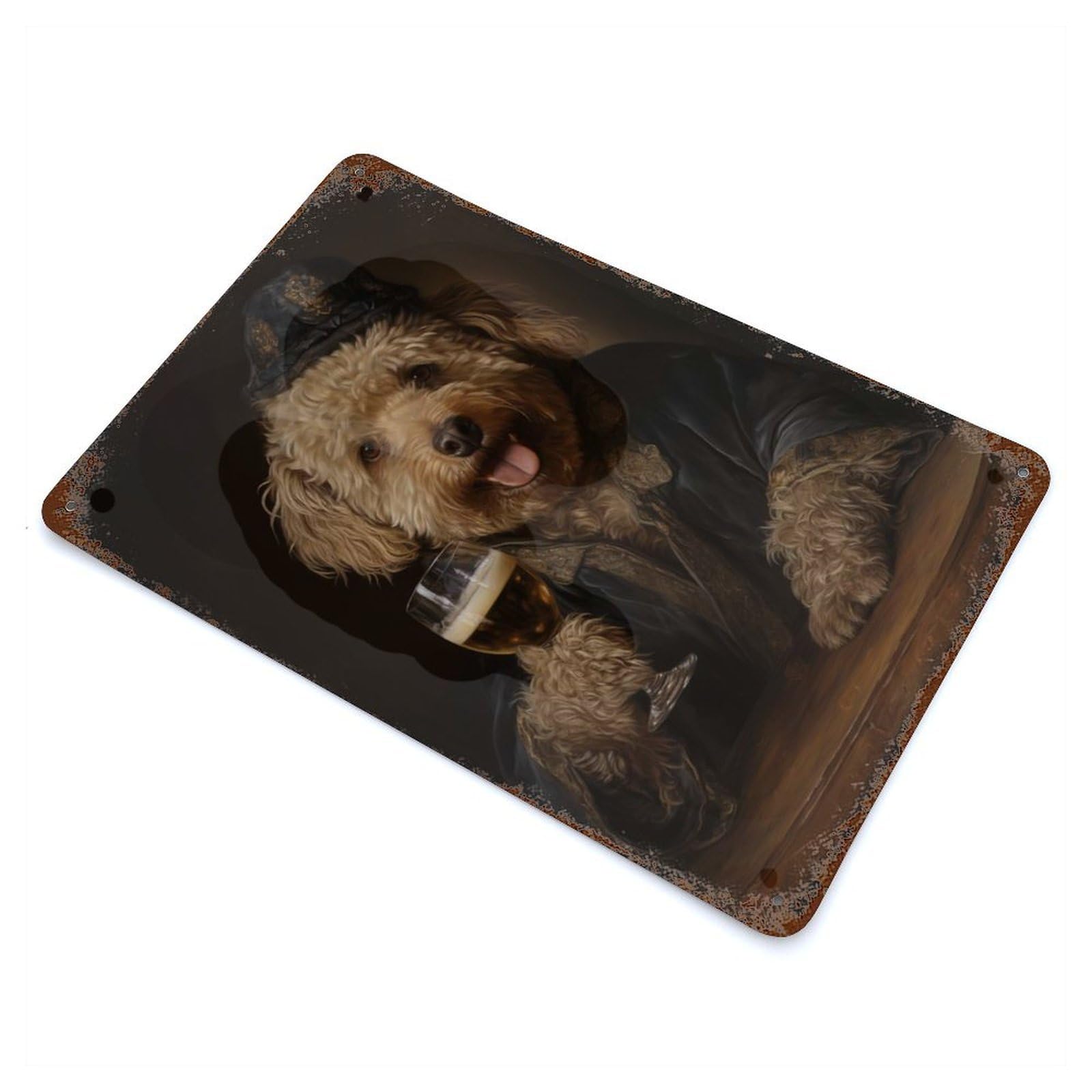 Weathered Tin Sign Poodle Holding A Beer 11.8"x7.9", Rustic Home Decor for Bistro, Counter And Cafe Decor