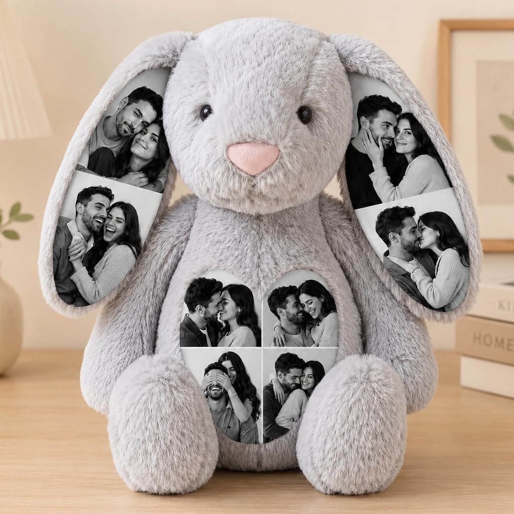 VEELU Personalised Photo Bunny Teddy Custom Picture Bunny Plush Hidden Ear Personalised Wedding Anniversary Birthday Gifts for Women Men Couple Friend 26cm/40cm — image 1