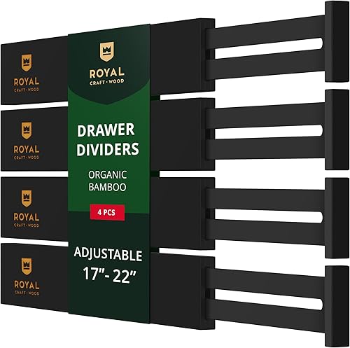 Separadores de cajones de bambú ajustables y expansibles para cocina, vestidor, dormitorio, baño y oficina, paquete de 4 (hasta 22 pulgadas, negro)
