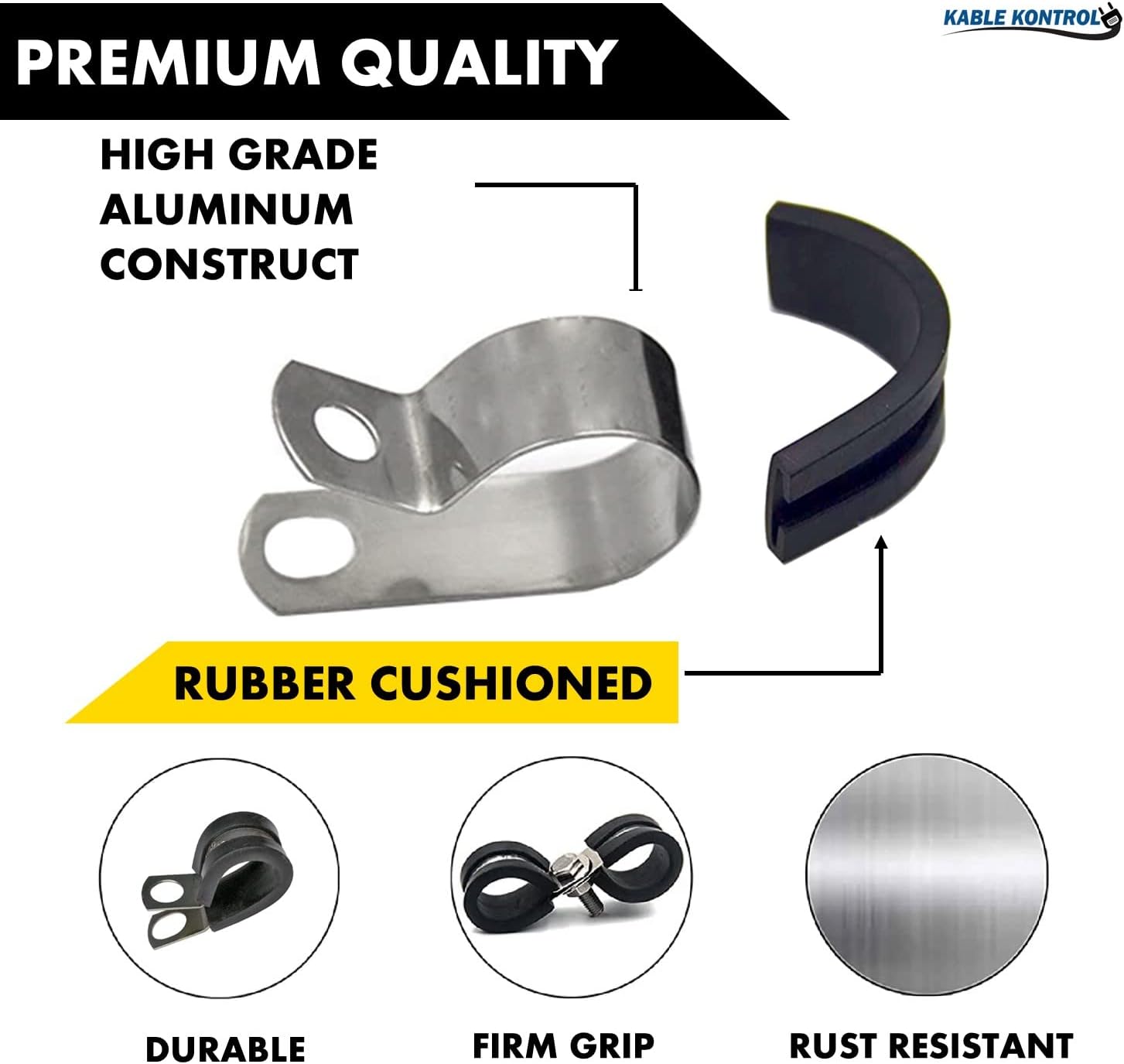 Kable Kontrol 100 Pack 1/2 Inch Aluminum Cable Clamps, Rubber Coated Insulated Wire Clamp, Cable Management for Hose, Steel Pipe, Wires, Cords, Conduits, Construction and Automotive