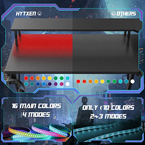 Hytxen Gaming Desk With Led Lights, L Shaped Corner Computer Desk With Power Strip, Carbon Fiber Surface Gaming Table With Monitor Stand＆Cup Holder, Headphone Hook, Graphite Black #TOP2