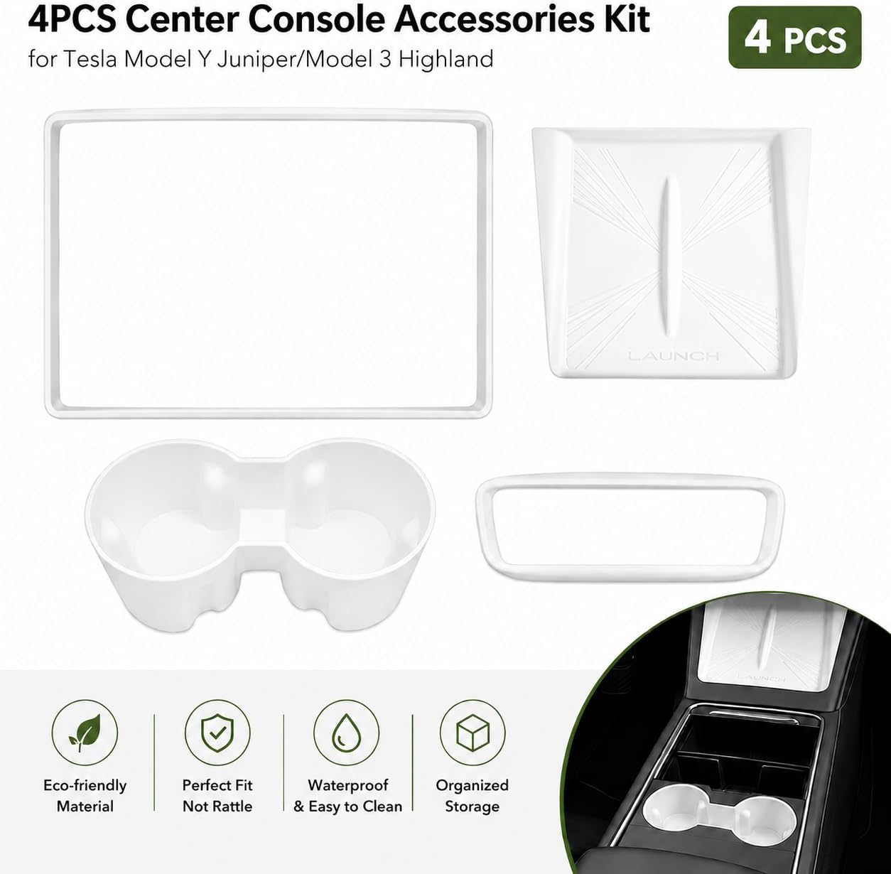 4PCS Center Console Accessories Kit for Tesla Model Y Juniper/Model 3 Highlan, Cup Insert, Screen Edge Protector, Charger Mat, Mirror Protectors (White, 4pcs Set for Model Y (Juniper))