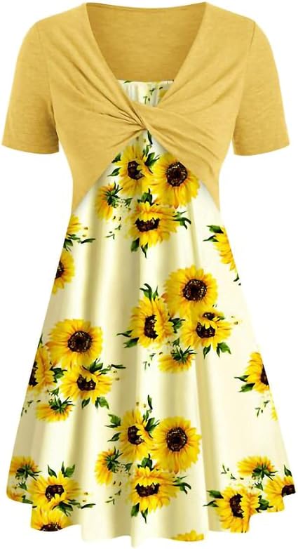 AMhomely Summer Dress for Women,Ladies‘s Dress Printing Drees Short Sleeve Cross Print Dress Suit UK Size
