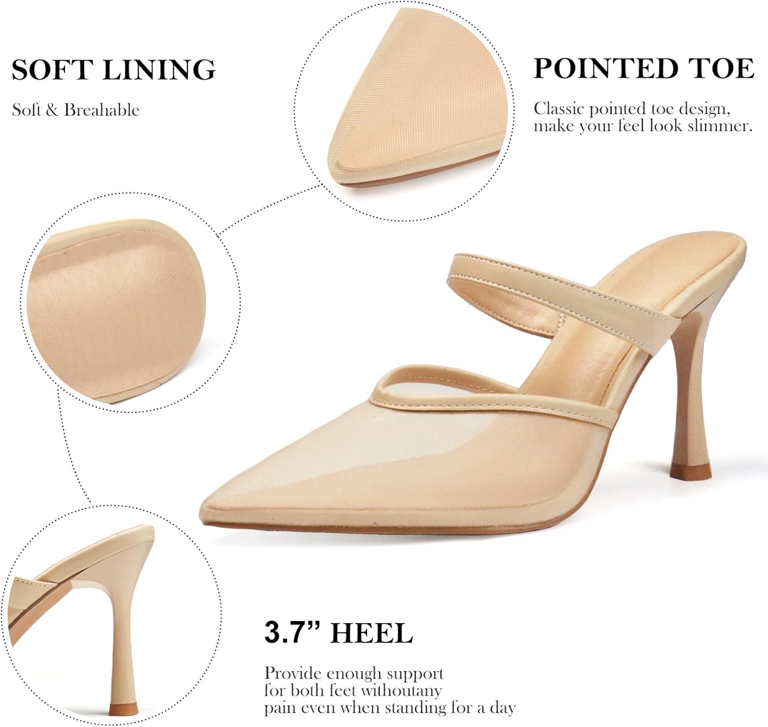 Mesh Kitten Heels for Women Slip On Pointed Closed Toe Mules Heeled Sandals Cute Pumps Dress Party - Image 4