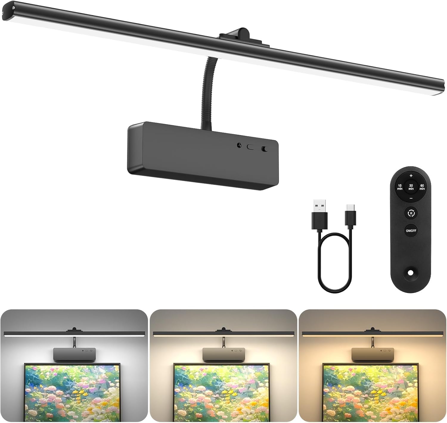 Bilderleuchte mit Fernbedienung Dimmbar und Timer Wandleuchten Kabellose Wiederaufladbare Batterie Wandlampen Akku LED Innen 360° Verstellbare Bilderlampe Wand Lampe 5W für Display Schwarz