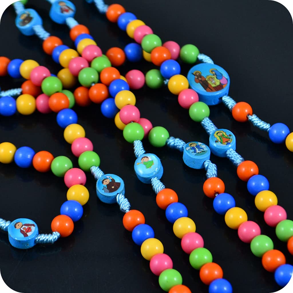 Kimu Collar de rosario con colgante de cruz de Jesús, joyería religiosa para niños y niñas, 8mm, Madera, Perla