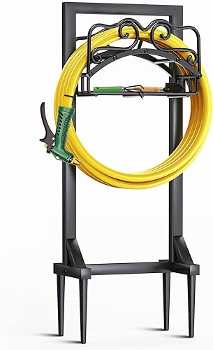 Soporte para manguera de jardín, soporte de manguera de agua de metal resistente con 4 picos para exteriores, soporte de manguera independiente