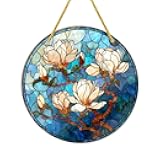 MA6GE8DE 6x6 Inch Magnolia Branches Colored Glass Styles Suncatchers, 2mm Thick Round Acrylic Wall Decoration,Ideal for Garden Theme Interior and Serene Atmosphere Creation