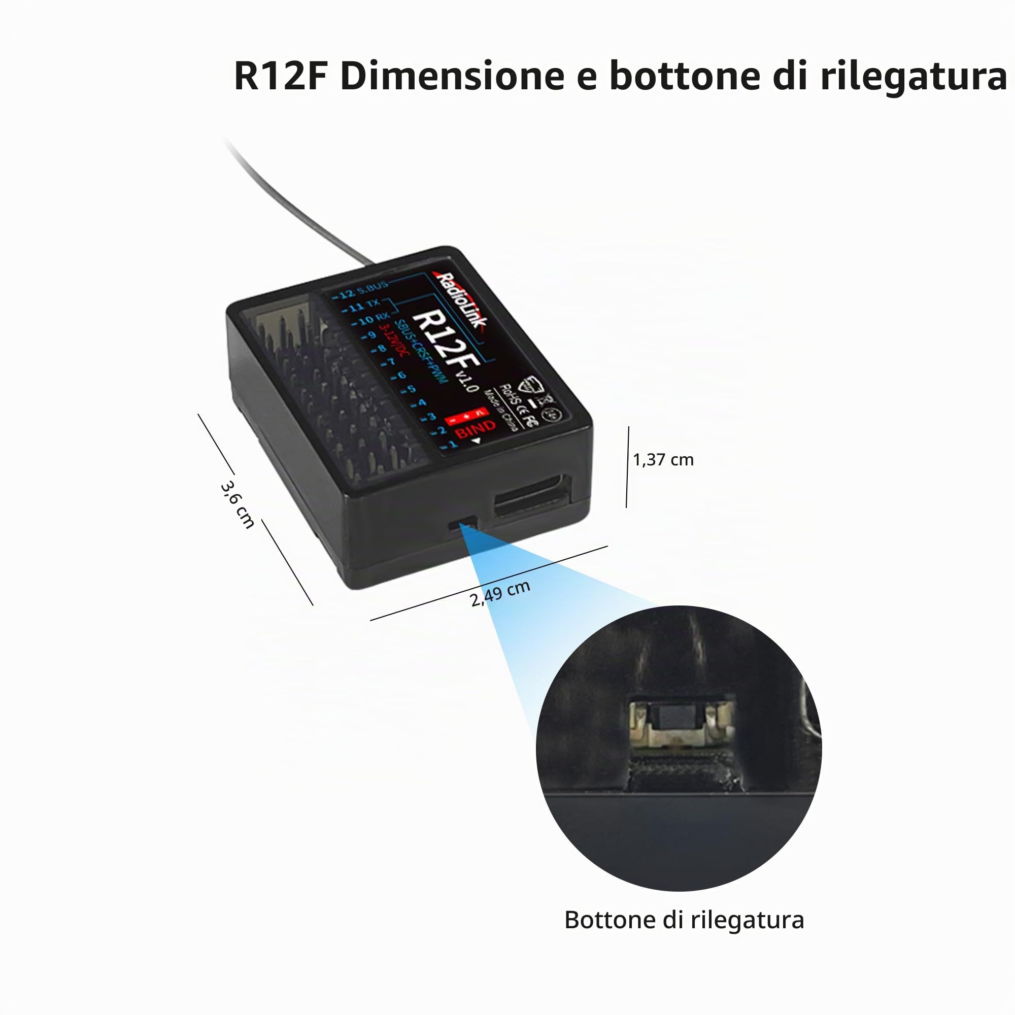 Radiolink Ricevitore RC R12F a 12 canali 2,4 GHz compatibile con trasmettitori T16D/T12D/T8FB/T8S/RC4GS V3/RC6GS V3, ideale per aerei RC, jet, auto, barche e robot
