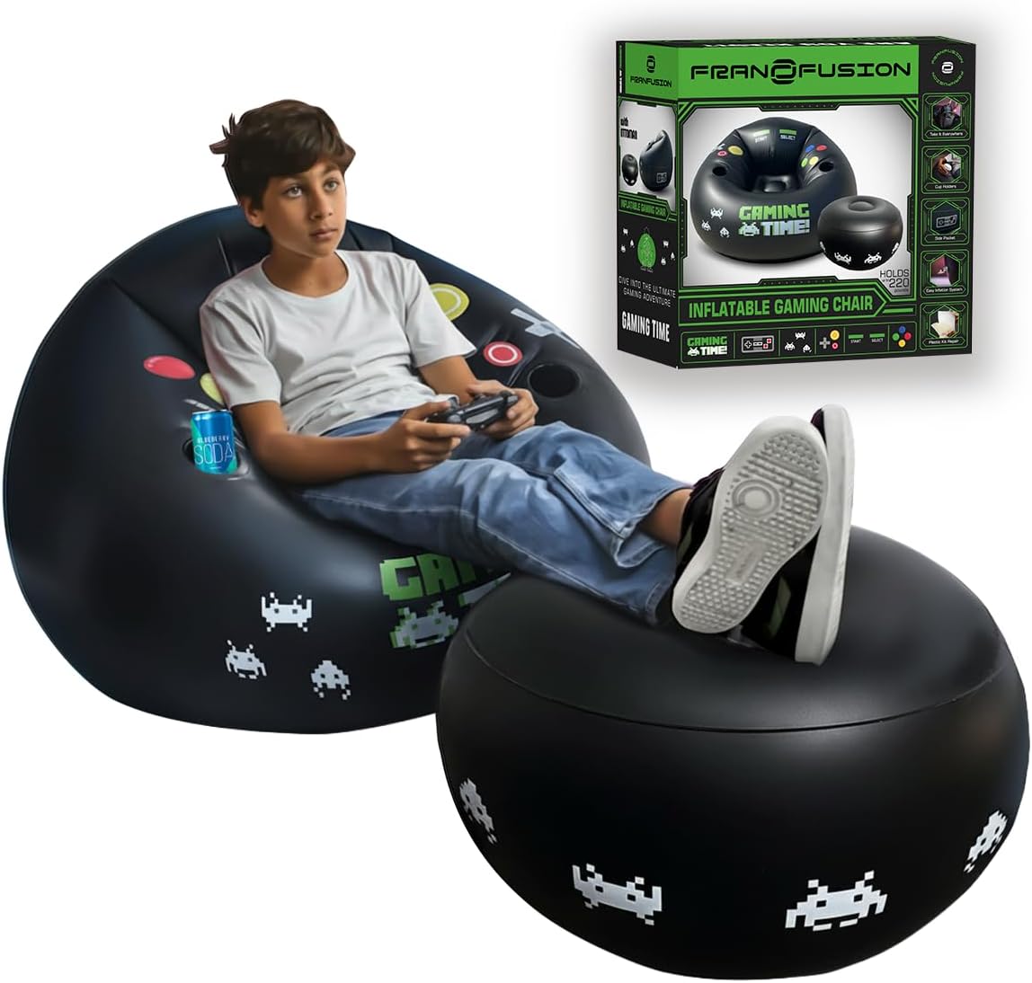 FranFusion Inflatable Gaming Chair for Kids & Teens with Cup Holders and Side Pocket - This Air Bean Bag Game Chair is The Perfect Furniture for Gamer Room Décor (Green Gaming Time with Ottoman)