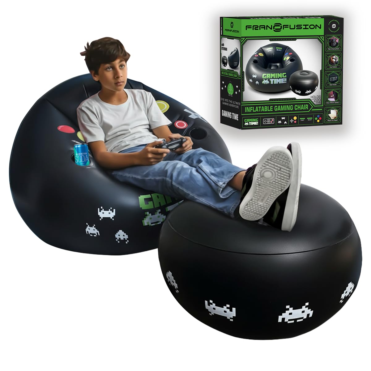 FranFusion Inflatable Gaming Chair for Kids & Teens with Cup Holders and Side Pocket - This Air Bean Bag Game Chair is The Perfect Furniture for Gamer Room Décor (Green Gaming Time with Ottoman)